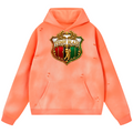 Shop the Iron + Ivy RIGBY Sunfade Frayed Fleece Pullover Hoodie by Teddy Blaze. Extra-thick 350 GSM peach-coral sunfaded fleece hoodie with distressed micro-ripping and RIGBY bear crest.