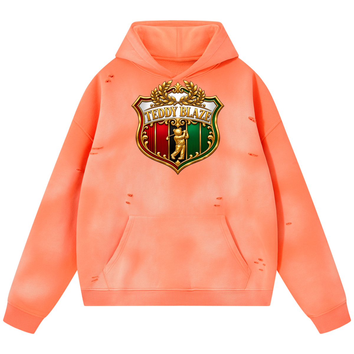 Shop the Iron + Ivy RIGBY Sunfade Frayed Fleece Pullover Hoodie by Teddy Blaze. Extra-thick 350 GSM peach-coral sunfaded fleece hoodie with distressed micro-ripping and RIGBY bear crest.
