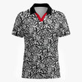Shop the Rose DeVille Polo by Teddy Blaze. 200 GSM performance poly polo with black & white rose print and crimson placket from The Mature Mocha Collection.