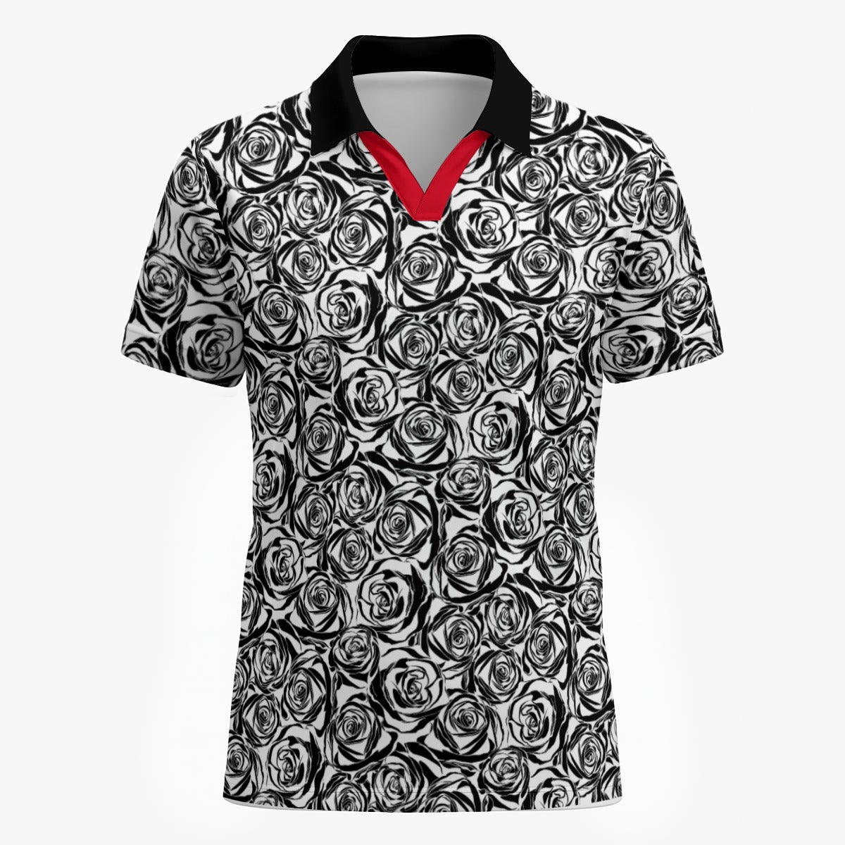 Shop the Rose DeVille Polo by Teddy Blaze. 200 GSM performance poly polo with black & white rose print and crimson placket from The Mature Mocha Collection.