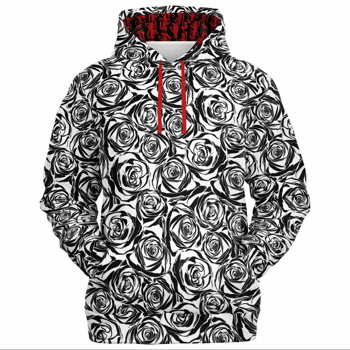 Shop the Rose in Reverse Hooded Jumper by Teddy Blaze. Recycled poly-spandex stretch hoodie with monochrome rose print & red script-lined hood from HIGH ROLLERS OUTERWEAR.