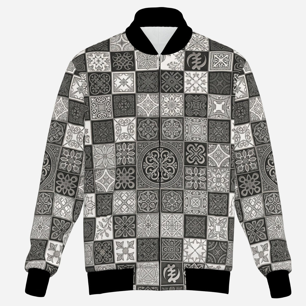 Teddy Blaze Sankofa Cruz Check Bomber Jacket with black white and grey African-inspired symbolic patchwork