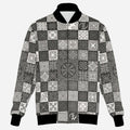 Teddy Blaze Sankofa Cruz Check Bomber Jacket with black white and grey African-inspired symbolic patchwork