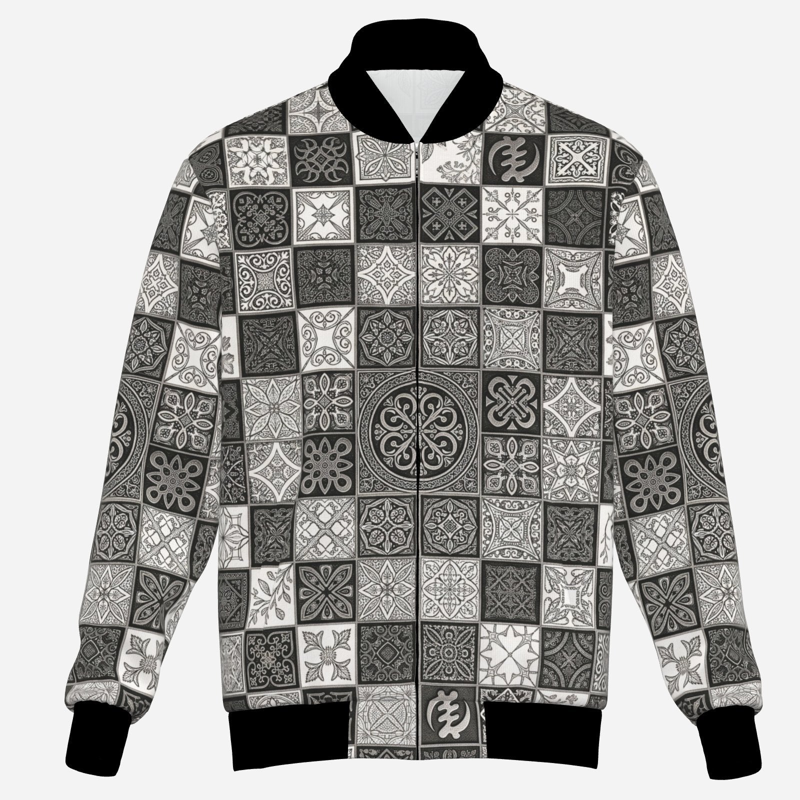 Teddy Blaze Sankofa Cruz Check Bomber Jacket with black white and grey African-inspired symbolic patchwork