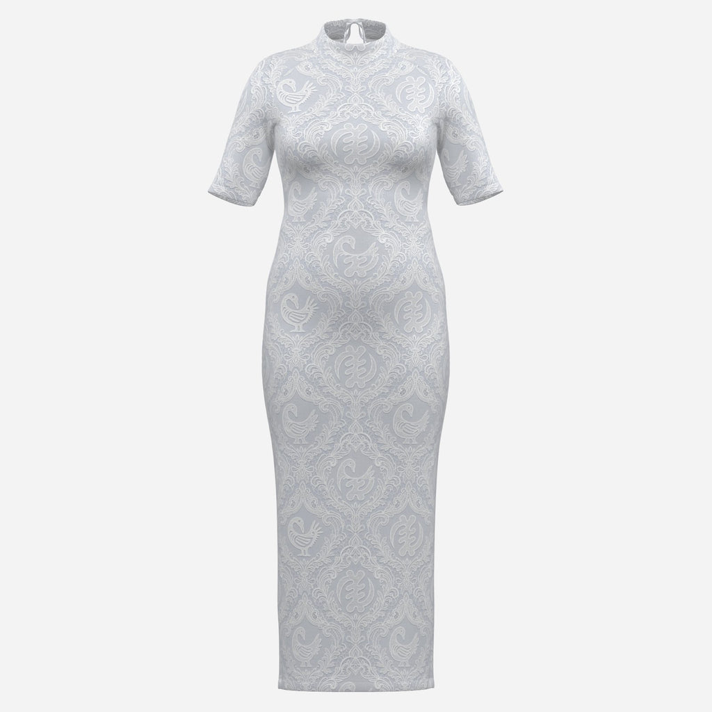 An elegant white midi dress featuring tonal Sankofa and Gye Nyame lace artwork, a mock neckline and sculpted silhouette from Teddy Blaze.