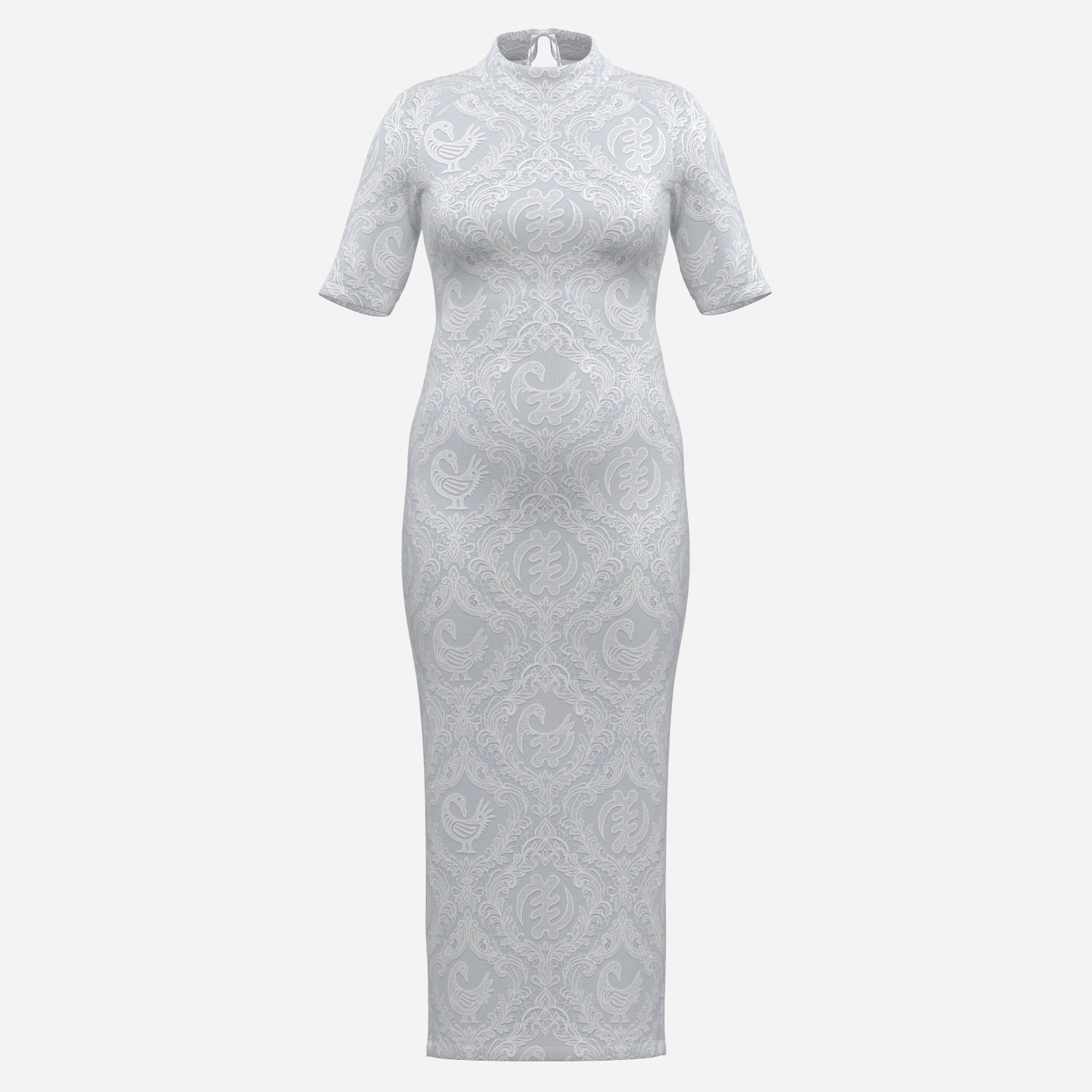 An elegant white midi dress featuring tonal Sankofa and Gye Nyame lace artwork, a mock neckline and sculpted silhouette from Teddy Blaze.
