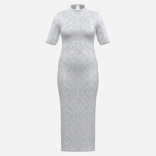 An elegant white midi dress featuring tonal Sankofa and Gye Nyame lace artwork, a mock neckline and sculpted silhouette from Teddy Blaze.