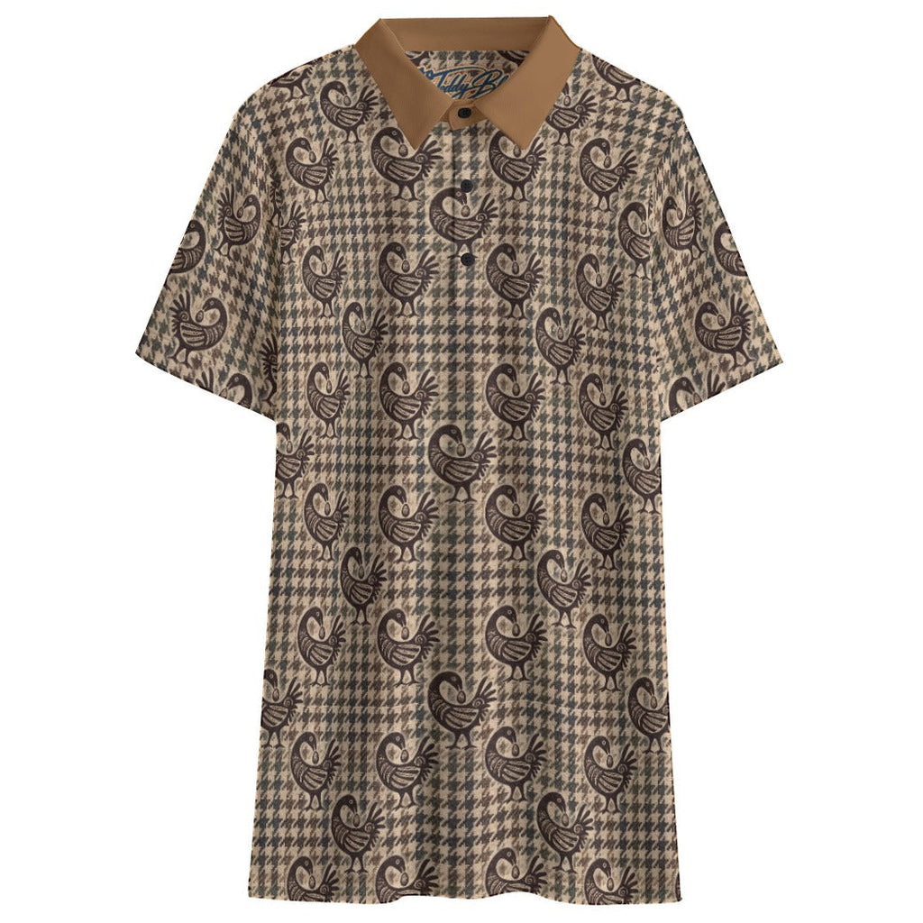 Shop the Sankofa Tweed Mudcloth Golf Polo by Teddy Blaze. Breathable birdseye knit featuring a houndstooth print and iconic Sankofa motif in warm earth tones.