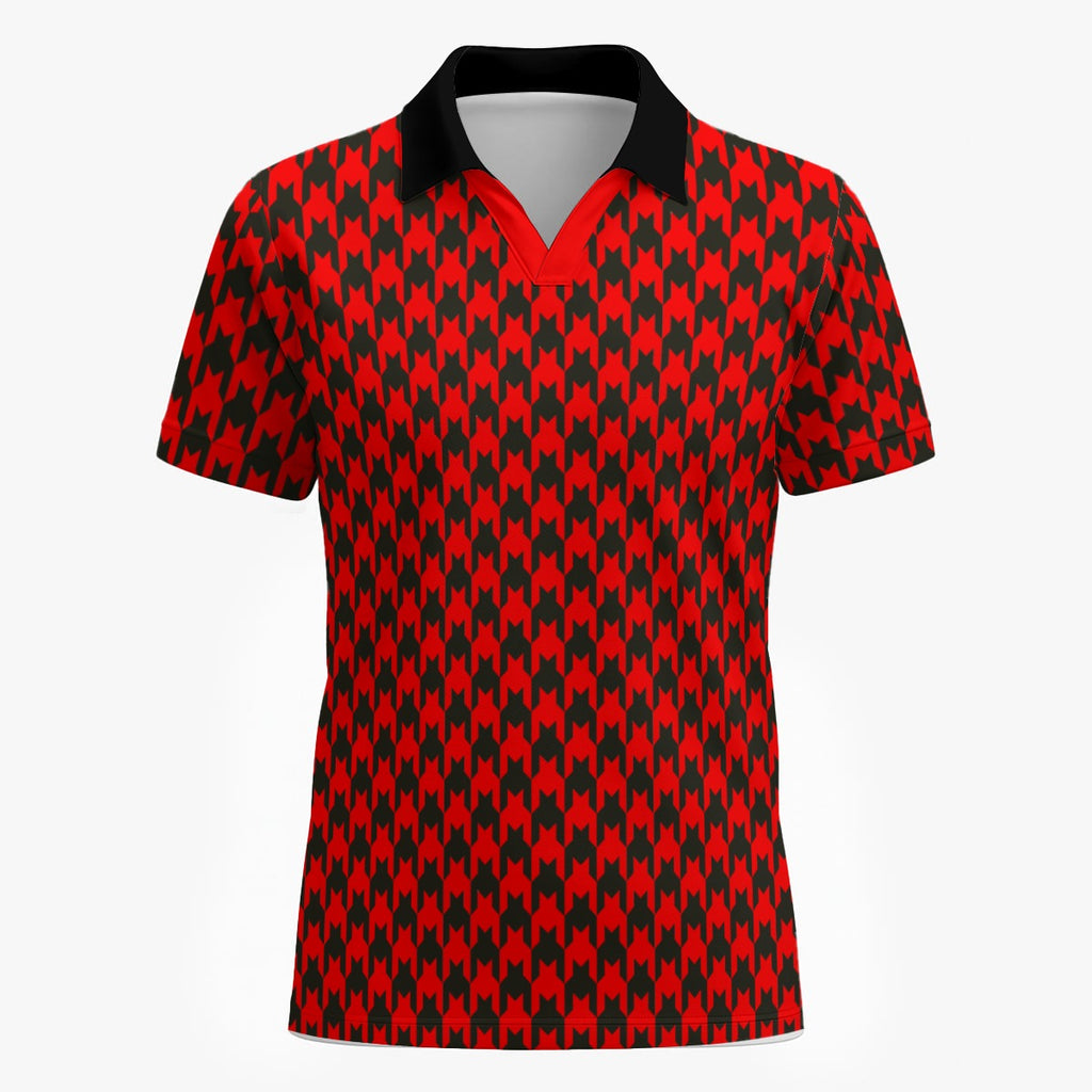 Shop the Scarlet Hound Polo by Teddy Blaze. 200 GSM Birdseye performance poly polo featuring a red and black houndstooth pattern from The Mature Mocha Collection.