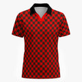 Shop the Scarlet Hound Polo by Teddy Blaze. 200 GSM Birdseye performance poly polo featuring a red and black houndstooth pattern from The Mature Mocha Collection.