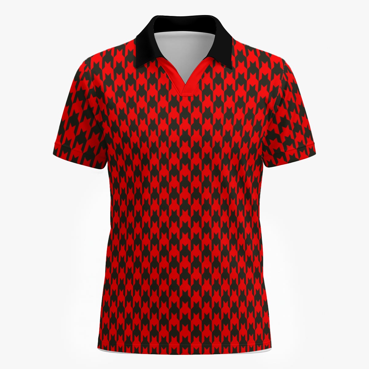 Shop the Scarlet Hound Polo by Teddy Blaze. 200 GSM Birdseye performance poly polo featuring a red and black houndstooth pattern from The Mature Mocha Collection.
