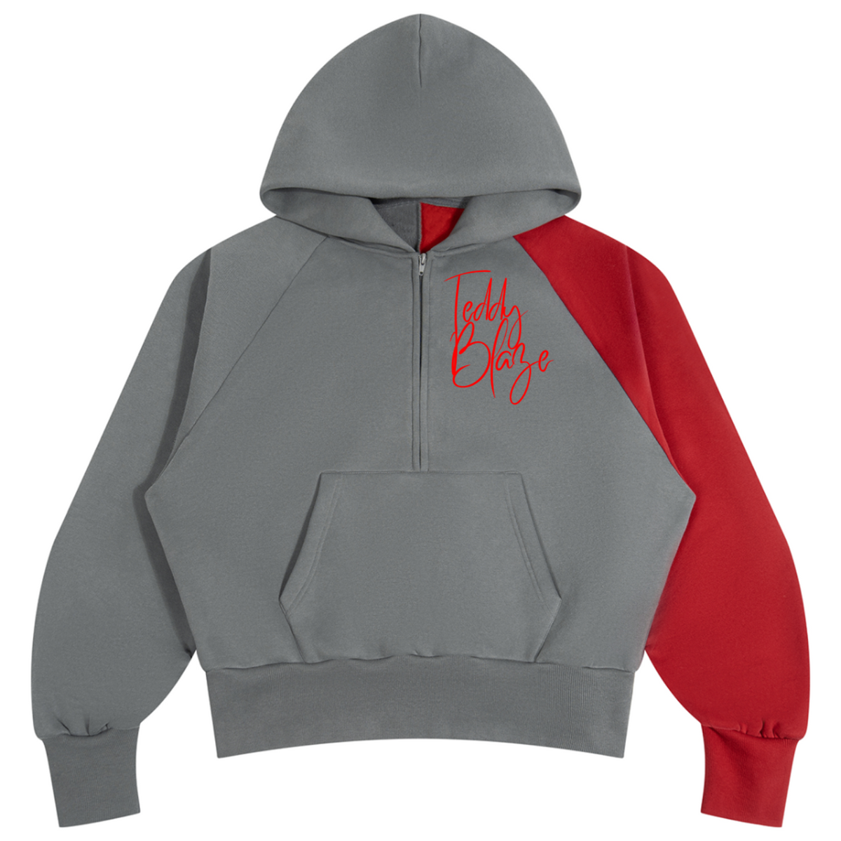 Elevate your cold-weather layers with the House of Teddy Blaze Signature Accent Sleeve Fleece Hoodie. Slate gray fleece, crimson red accent sleeve, quarter-zip, and red script logo embroidery. Shop NYC to Vegas style.