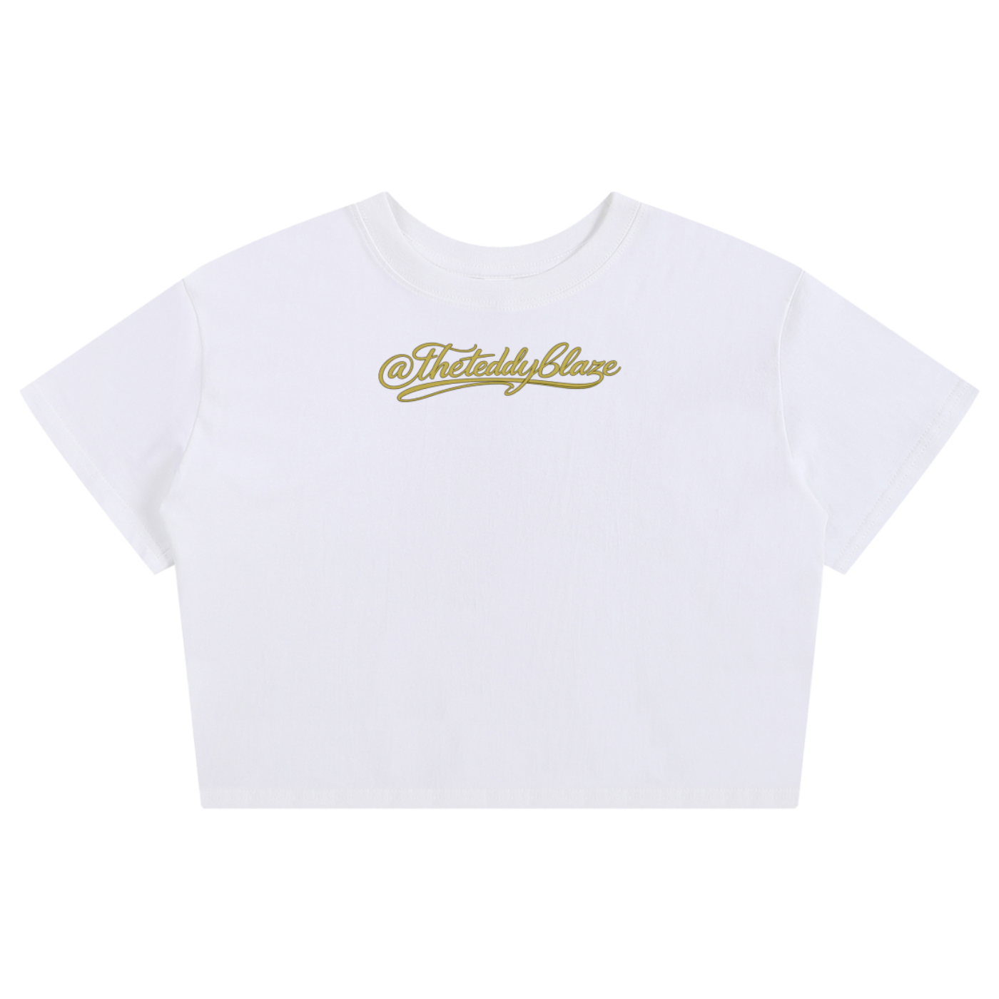 Shop the Signature Baby Tee by Teddy Blaze. 100% premium cotton white cropped tee with gold script branding from THE BLAZE WOMAN.