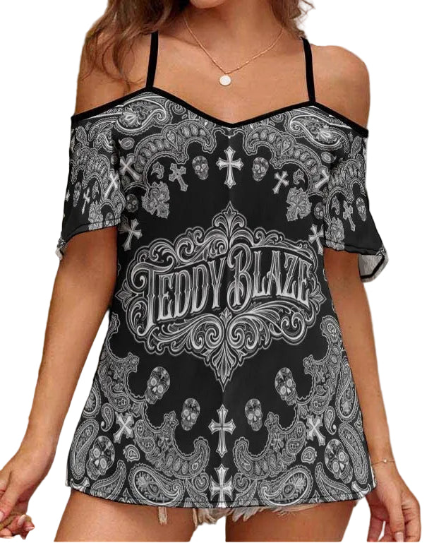Teddy Blaze Signature Bandana Cold-Shoulder Sling Shirt | Women's Gothic Paisley Off-The-Shoulder Top