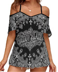 Teddy Blaze Signature Bandana Cold-Shoulder Sling Shirt | Women's Gothic Paisley Off-The-Shoulder Top