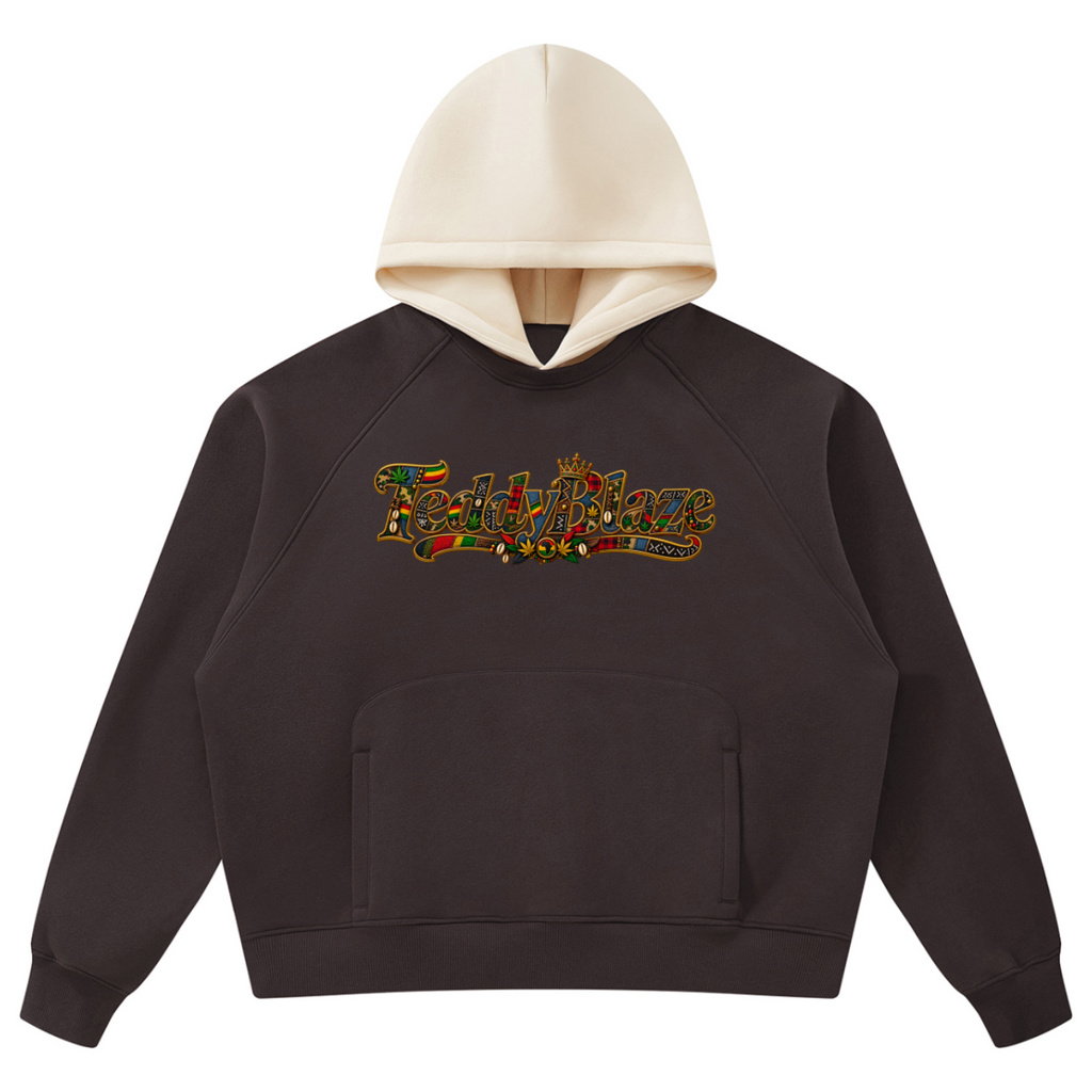 Heavyweight Teddy Blaze color-block fleece hoodie featuring Signature Bearatoo artwork, raglan sleeves and AfroBohemian patchwork graphics.