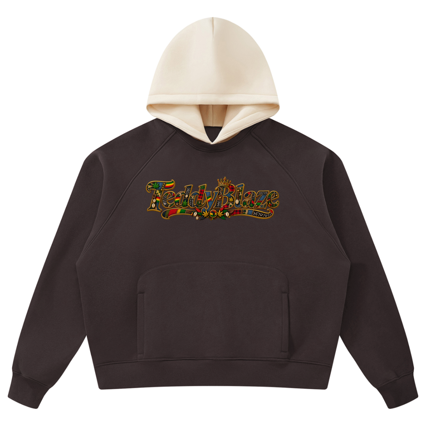 Heavyweight Teddy Blaze color-block fleece hoodie featuring Signature Bearatoo artwork, raglan sleeves and AfroBohemian patchwork graphics.