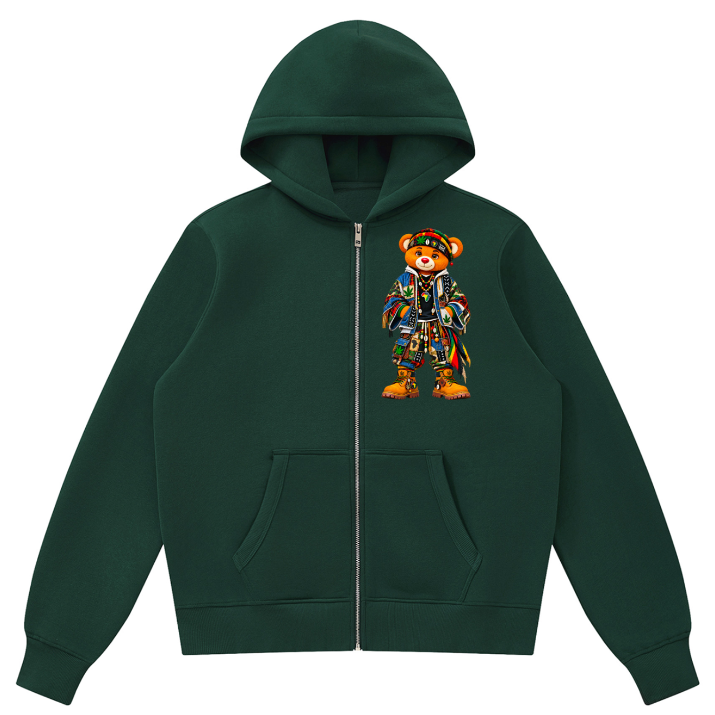Heavyweight Teddy Blaze fleece zip hoodie featuring Boho Bearatoo on the chest and signature patchwork artwork across the back. Unisex Afrocentric streetwear.