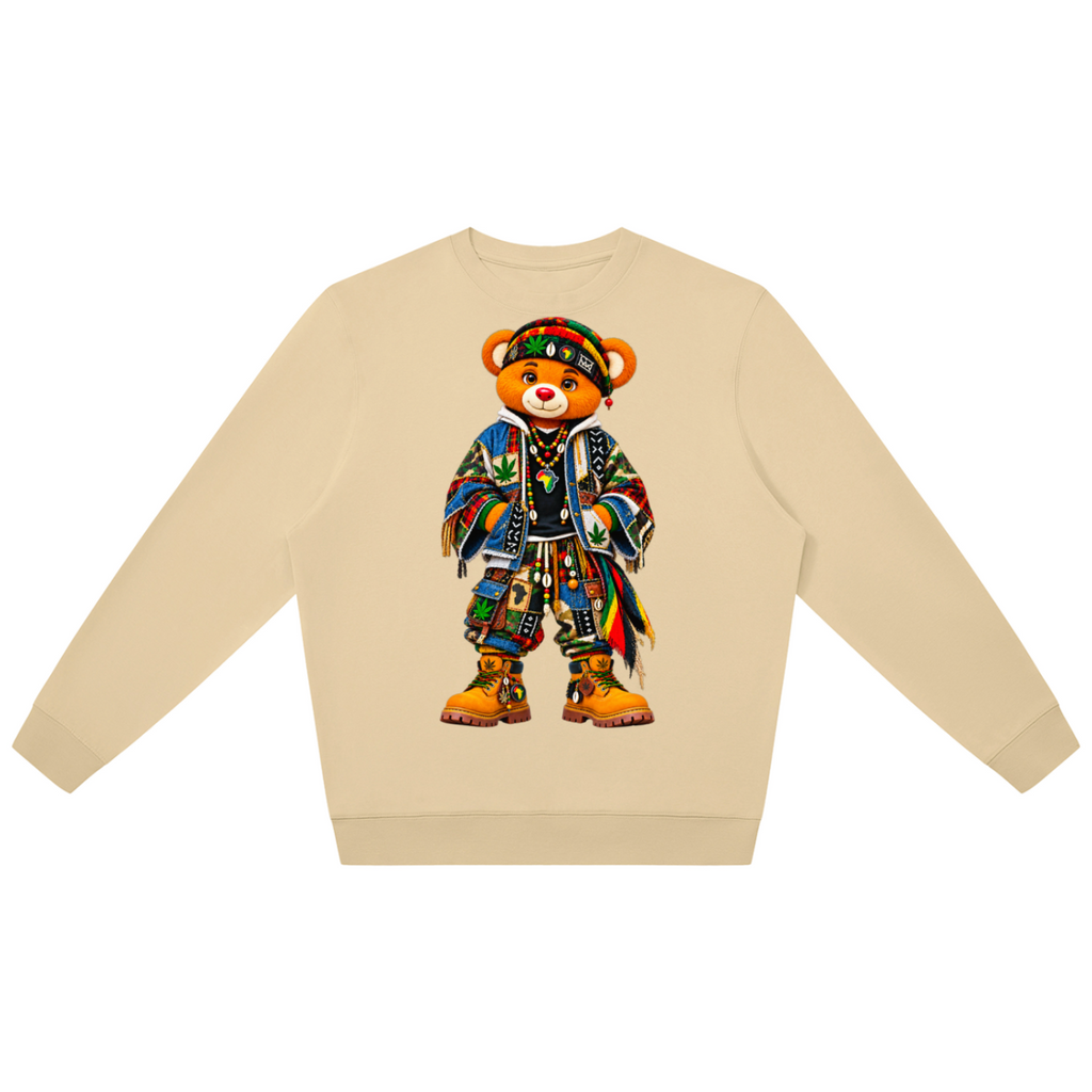Shop the Signature Bearatoo Oversized Jumper, a unisex Teddy Blaze graphic sweatshirt mixing AfroBohemian character, patchwork influence and streetwear.