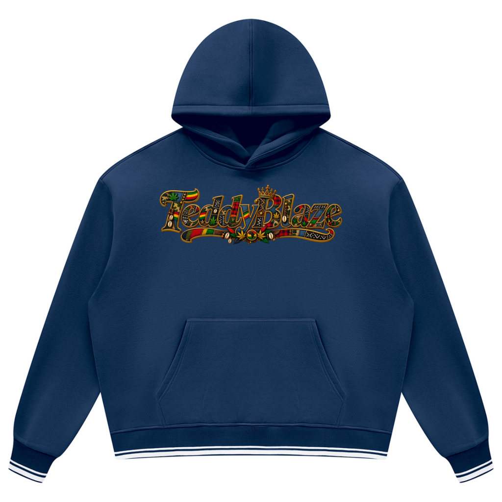 Teddy Blaze oversized navy fleece hoodie featuring signature Boho Bearatoo artwork, patchwork graphics, striped trim and heavyweight 345 GSM fleece.