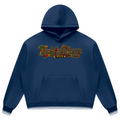 Teddy Blaze oversized navy fleece hoodie featuring signature Boho Bearatoo artwork, patchwork graphics, striped trim and heavyweight 345 GSM fleece.