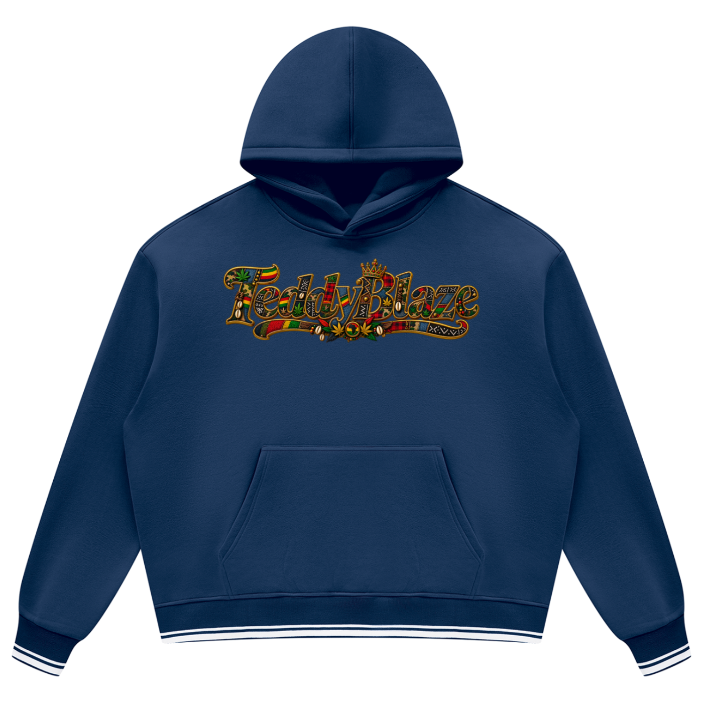 Teddy Blaze oversized navy fleece hoodie featuring signature Boho Bearatoo artwork, patchwork graphics, striped trim and heavyweight 345 GSM fleece.