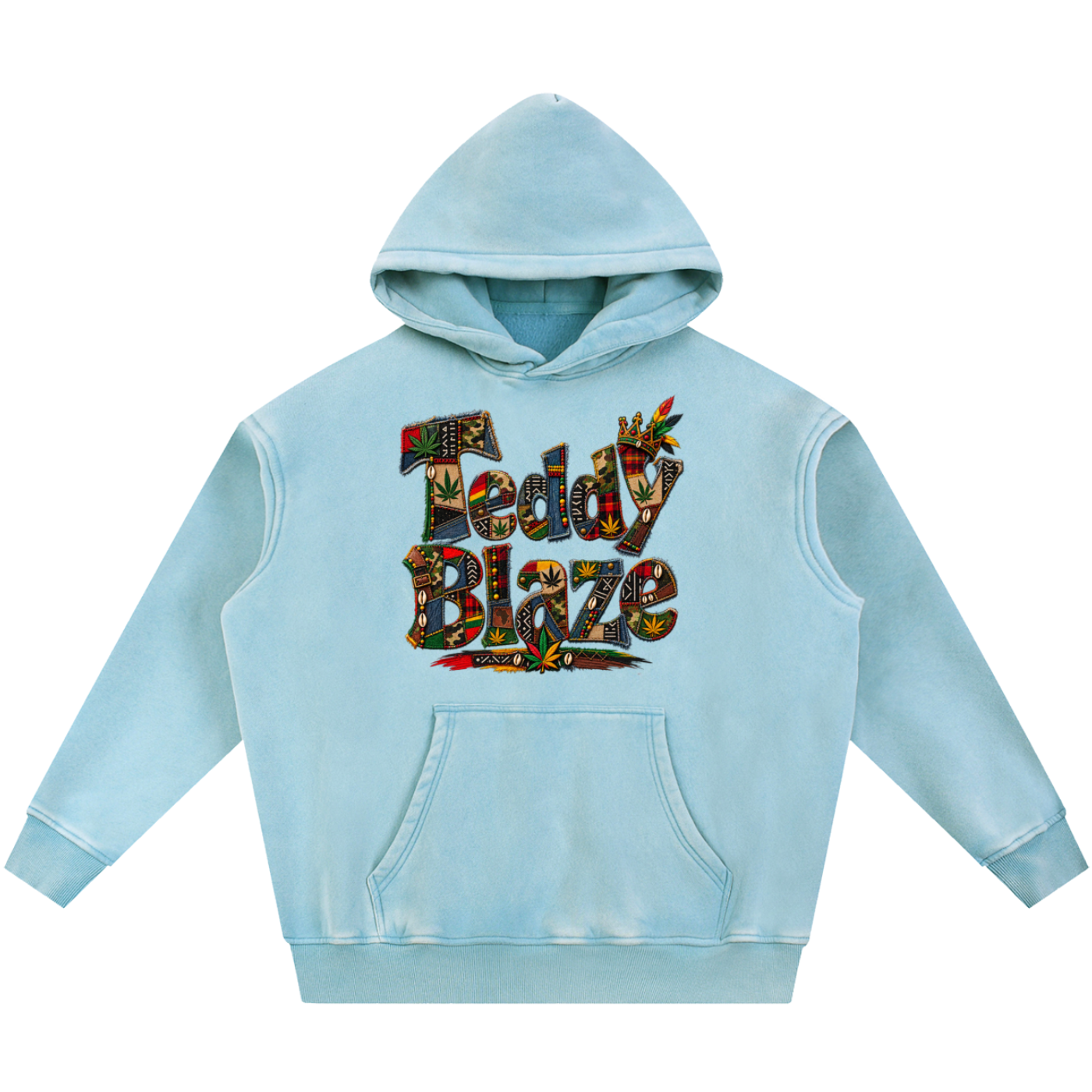 Heavyweight Teddy Blaze snow-wash oversized hoodie featuring Signature Bearatoo artwork, AfroBohemian patchwork graphics and extra-thick fleece.