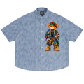 Shop the Teddy Blaze Bearatoo vintage wash camp shirt, a boxy unisex button-up with AfroBohemian graphics, washed blue color and oversized fit.