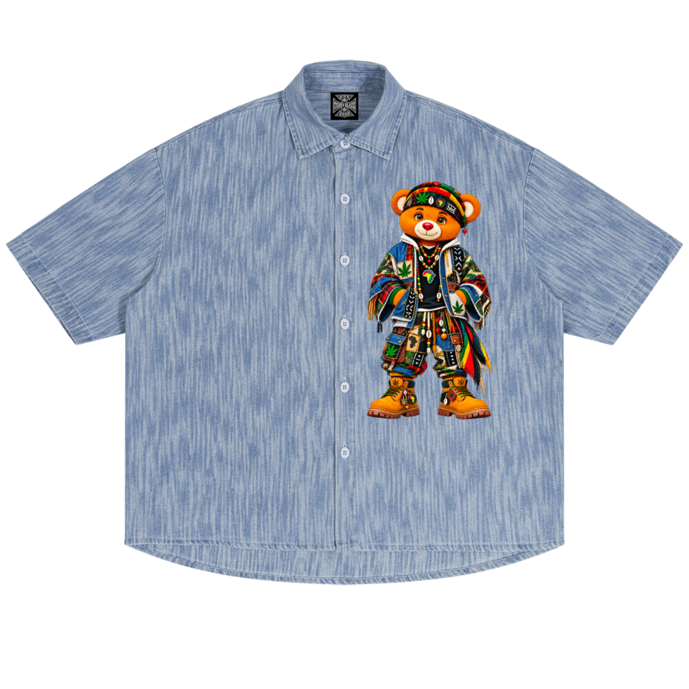 Shop the Teddy Blaze Bearatoo vintage wash camp shirt, a boxy unisex button-up with AfroBohemian graphics, washed blue color and oversized fit.