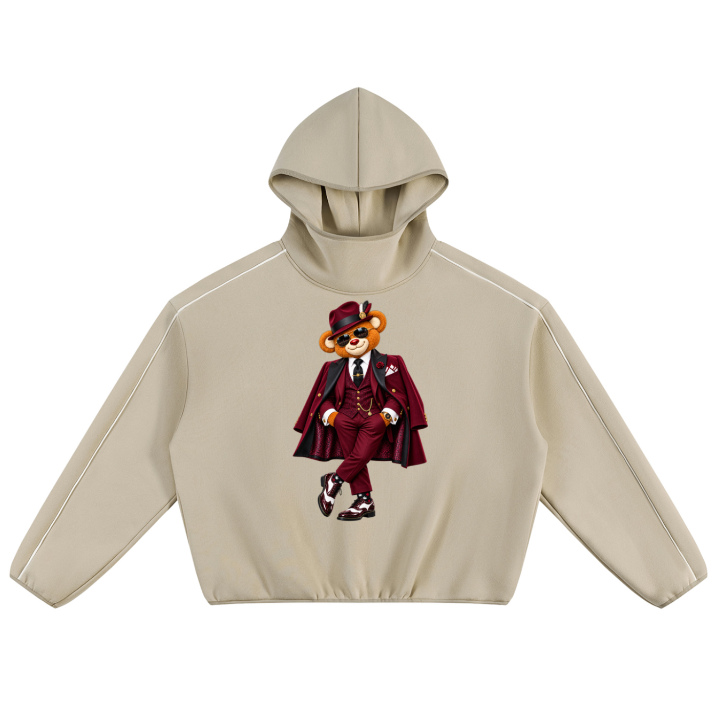 Shop the Signature Bearfather of Vegas Boxy Piping Detail Fleece Hooded Jumper by Teddy Blaze. 350 GSM sand fleece hoodie featuring contrast piping and brand personification The Bearfather.