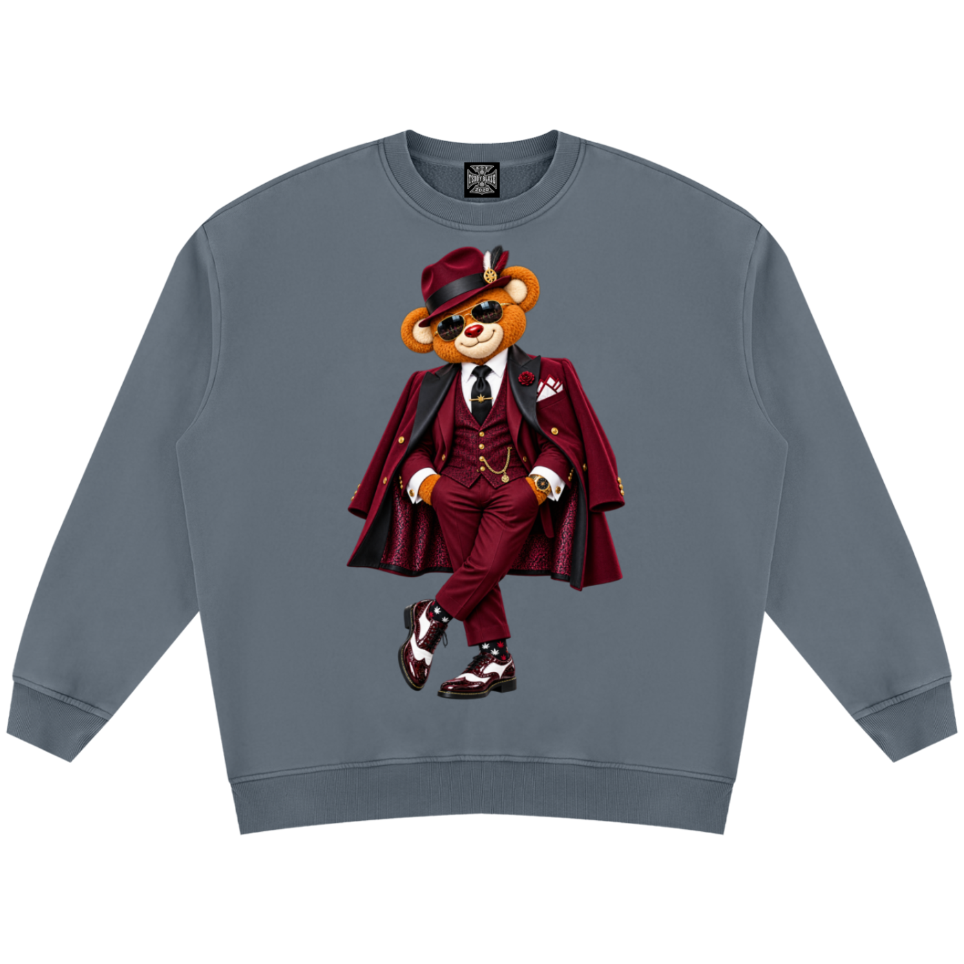 Shop the Signature Bearfather of Vegas Vintage Wash Fleece Jumper by Teddy Blaze. 355 GSM slate gray crewneck featuring brand personification The Bearfather from THE BLAZE MAN.