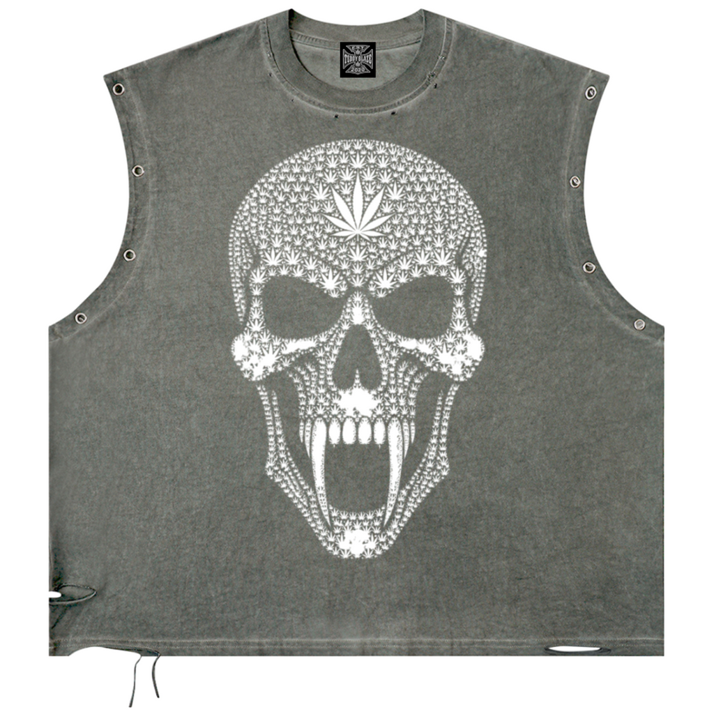 Shop the Signature Blazehead Distressed Grommet Eyelet Tank by Teddy Blaze. 270 GSM vintage washed charcoal cotton tank with silver eyelets from THE BLAZE MAN.