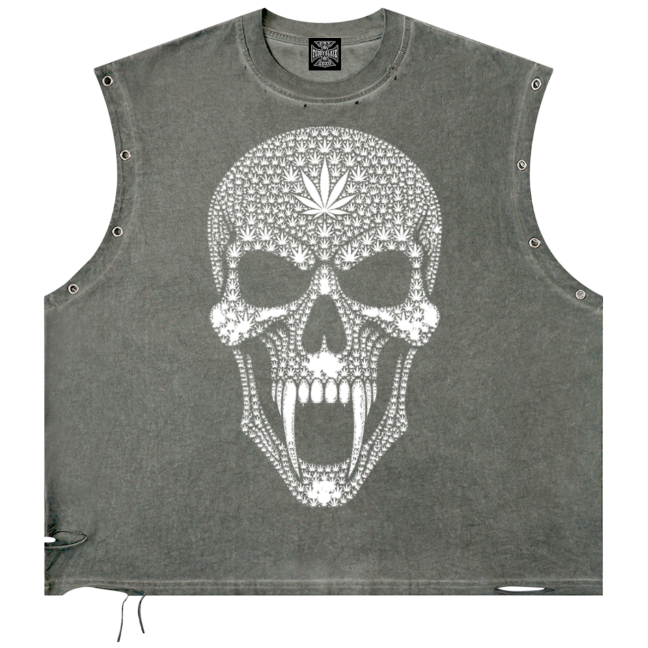 Shop the Signature Blazehead Distressed Grommet Eyelet Tank by Teddy Blaze. 270 GSM vintage washed charcoal cotton tank with silver eyelets from THE BLAZE MAN.