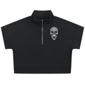 Shop the Signature Blazehead Quarter-Zip Crop Top by Teddy Blaze. Heavyweight black fleece short-sleeve crop top featuring gothic crest graphics from THE BLAZE WOMAN.
