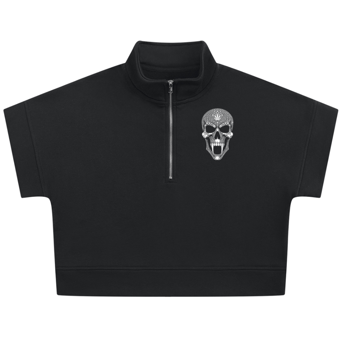 Shop the Signature Blazehead Quarter-Zip Crop Top by Teddy Blaze. Heavyweight black fleece short-sleeve crop top featuring gothic crest graphics from THE BLAZE WOMAN.
