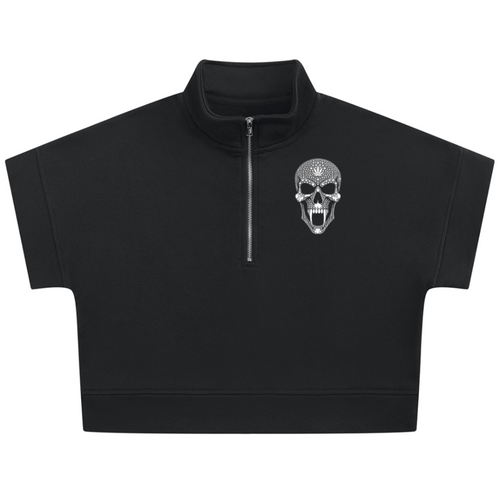 Shop the Signature Blazehead Quarter-Zip Crop Top by Teddy Blaze. Heavyweight black fleece short-sleeve crop top featuring gothic crest graphics from THE BLAZE WOMAN.