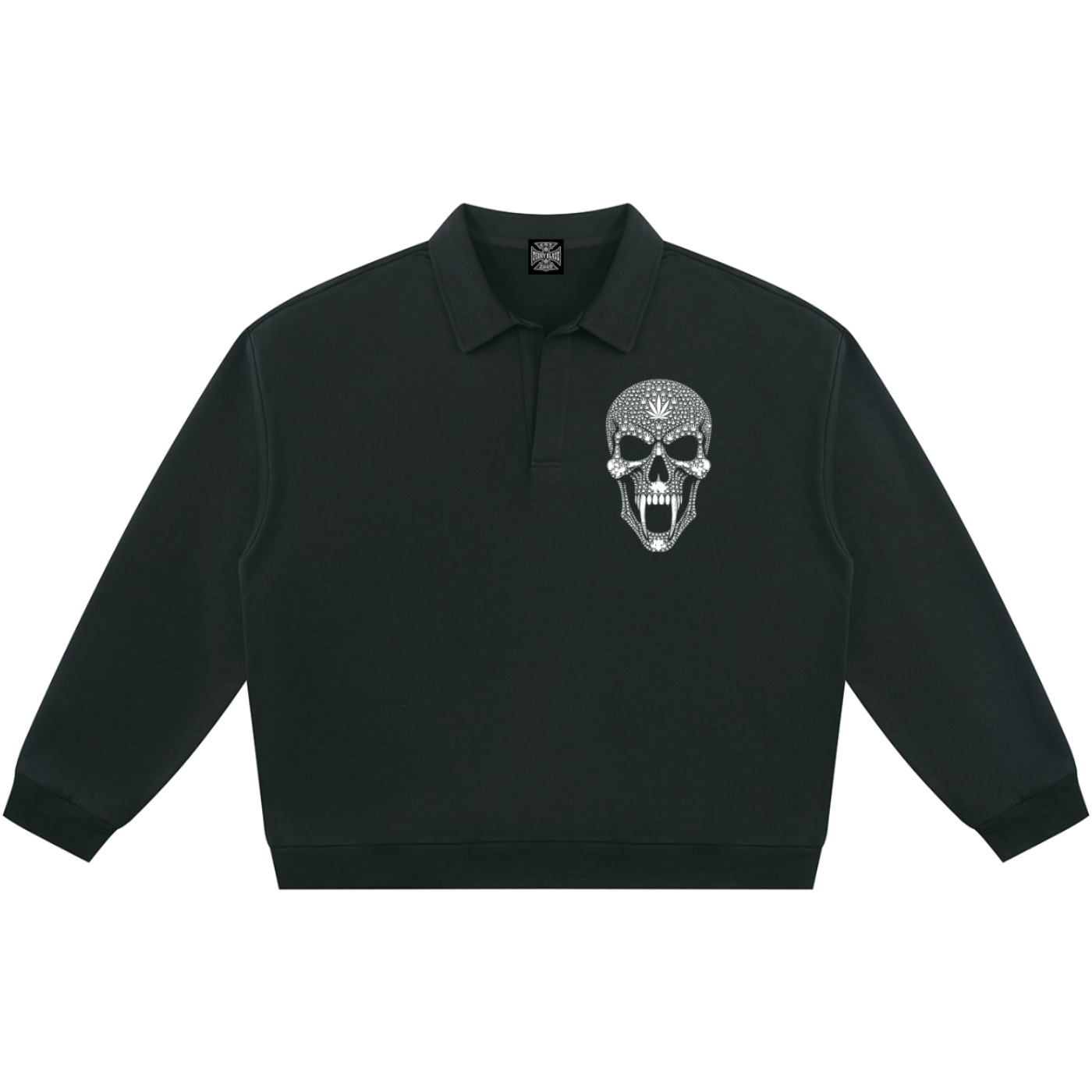 Shop the Signature Blazehead Rugby Shirt by Teddy Blaze. Heavyweight black fleece rugby pullover with gothic skull crest graphics from THE BLAZE MAN.