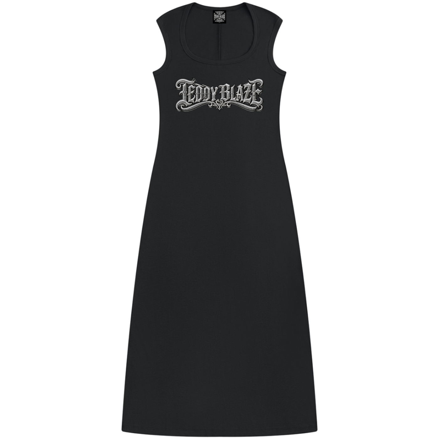 Women’s black sleeveless bodycon maxi dress in rayon stretch, finished with a scoop neckline and new Teddy Blaze Signature graphic.