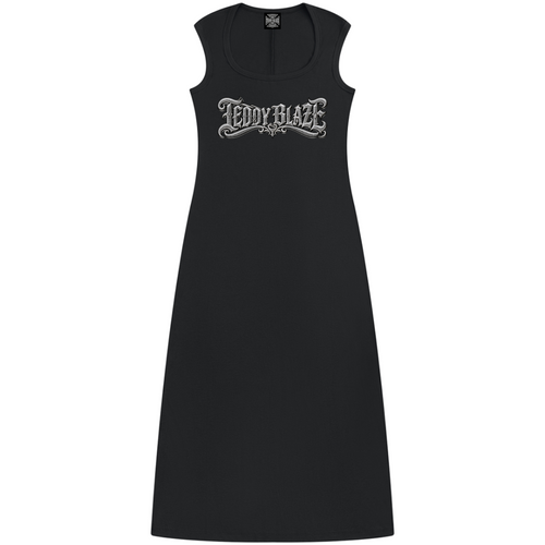 Women’s black sleeveless bodycon maxi dress in rayon stretch, finished with a scoop neckline and new Teddy Blaze Signature graphic.