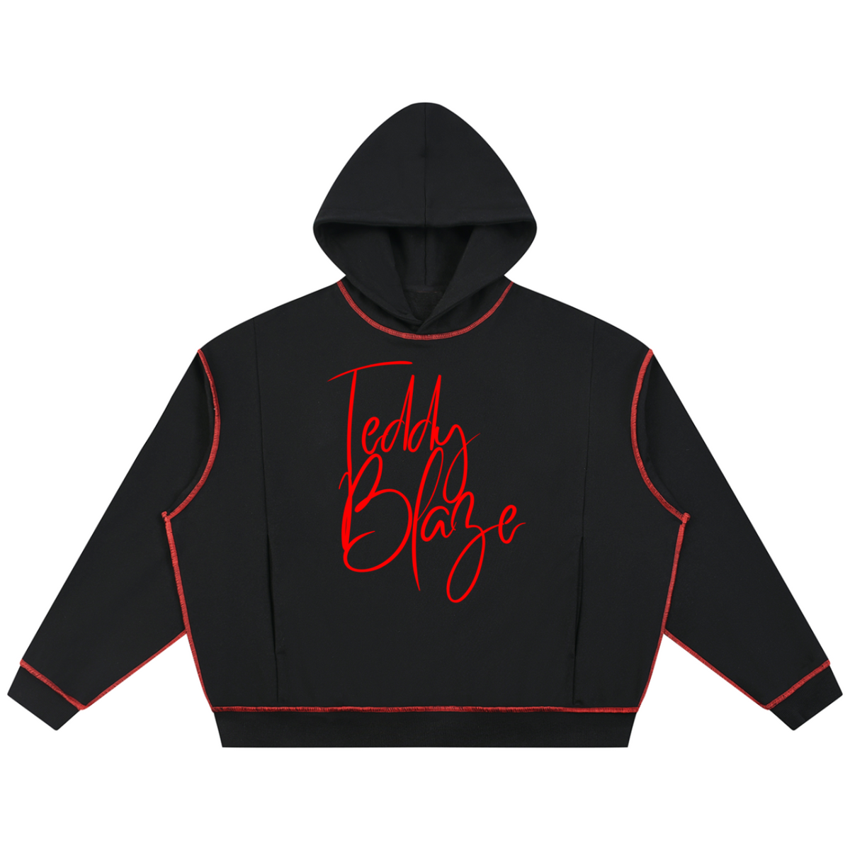 A black cropped hoodie with red piping and a red script 'Teddy Blaze' logo on the chest, displayed against a solid white background.
