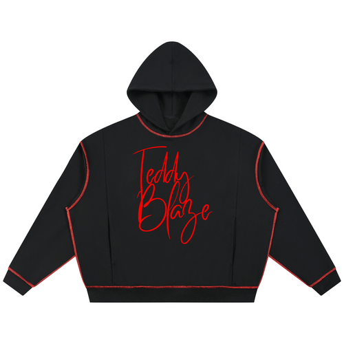 A black cropped hoodie with red piping and a red script 'Teddy Blaze' logo on the chest, displayed against a solid white background.