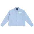 Shop the Signature Boxy Plaid Long Sleeve Shirt by Teddy Blaze. 100 GSM lightweight blue plaid button-up shirt with white script embroidery from HIGH ROLLERS OUTERWEAR.