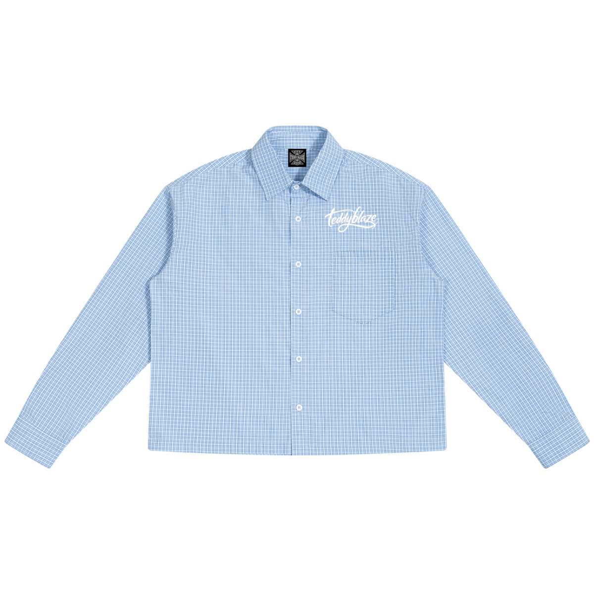 Shop the Signature Boxy Plaid Long Sleeve Shirt by Teddy Blaze. 100 GSM lightweight blue plaid button-up shirt with white script embroidery from HIGH ROLLERS OUTERWEAR.