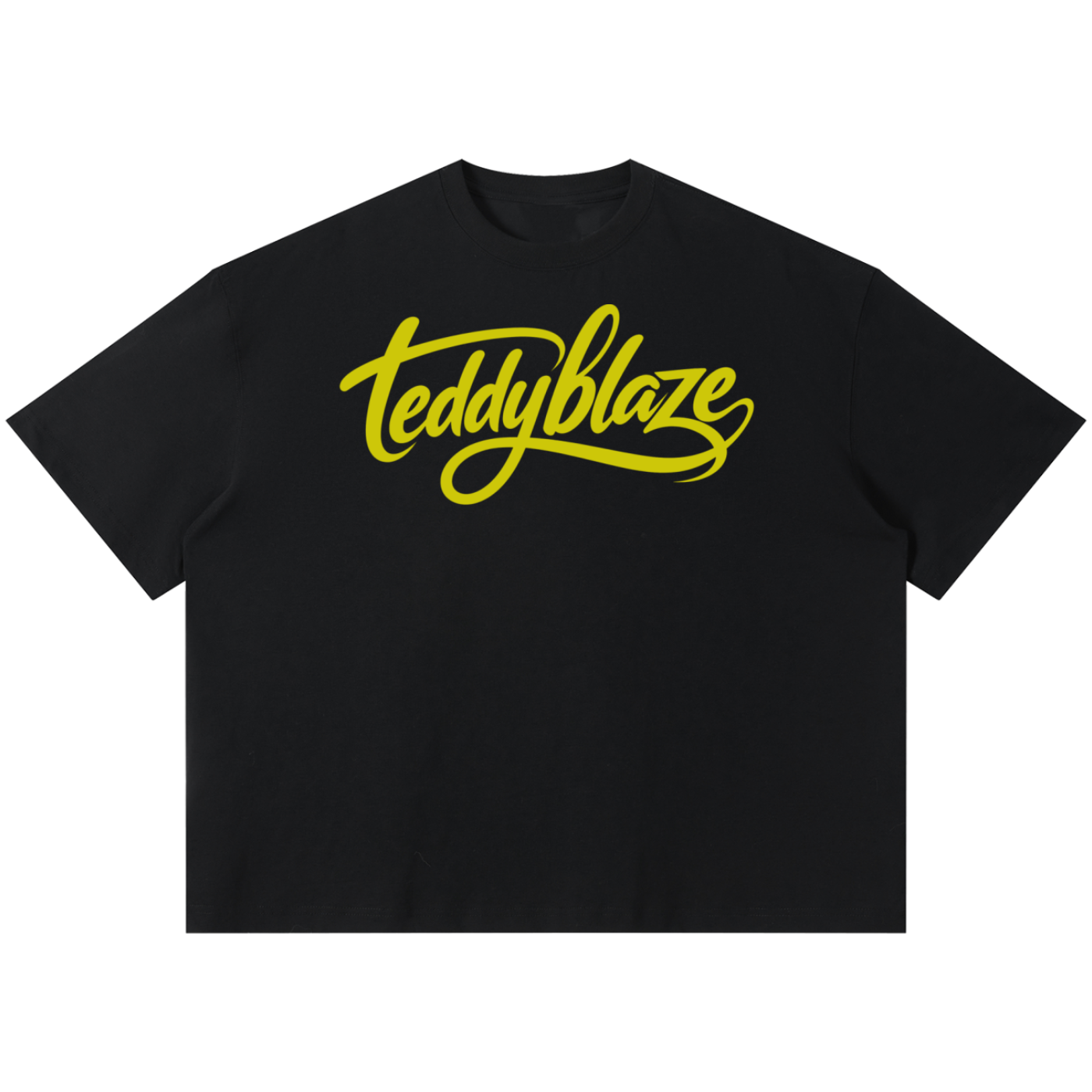 Shop the Signature Boxy Tee by Teddy Blaze. 220 GSM cotton-poly oversized drop-shoulder t-shirt with yellow script logo from TOPS BY TEDDY BLAZE.