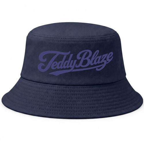 Shop the Teddy Blaze Signature Bucket Hat, a classic navy cotton bucket hat finished with tonal embroidered Teddy Blaze script for refined everyday streetwear.