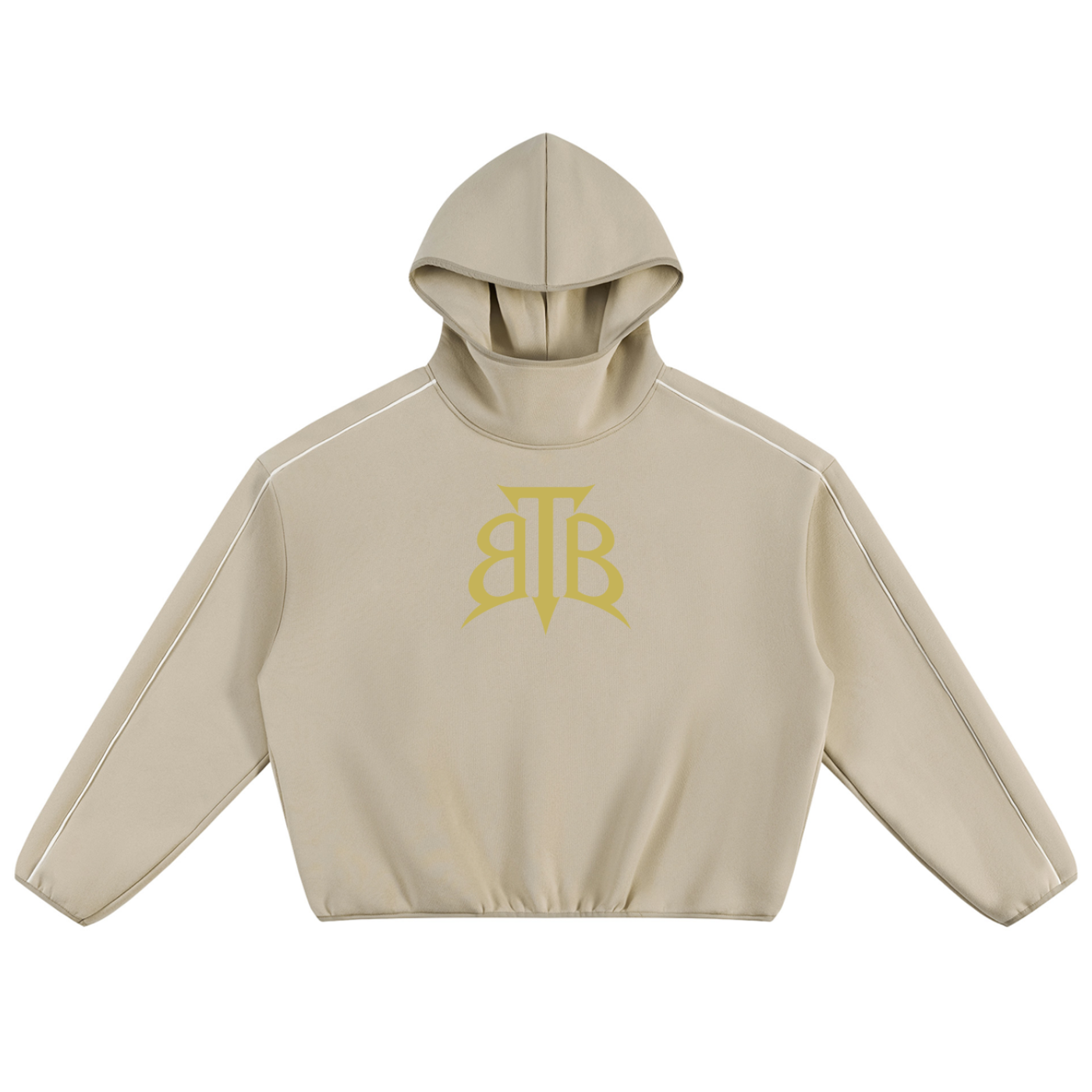Shop the Signature Cachet Boxy Piping Detail Fleece Hooded Jumper by Teddy Blaze. 350 GSM sand fleece hoodie featuring piping details and Cachet emblem from The Mature Mocha Collection.