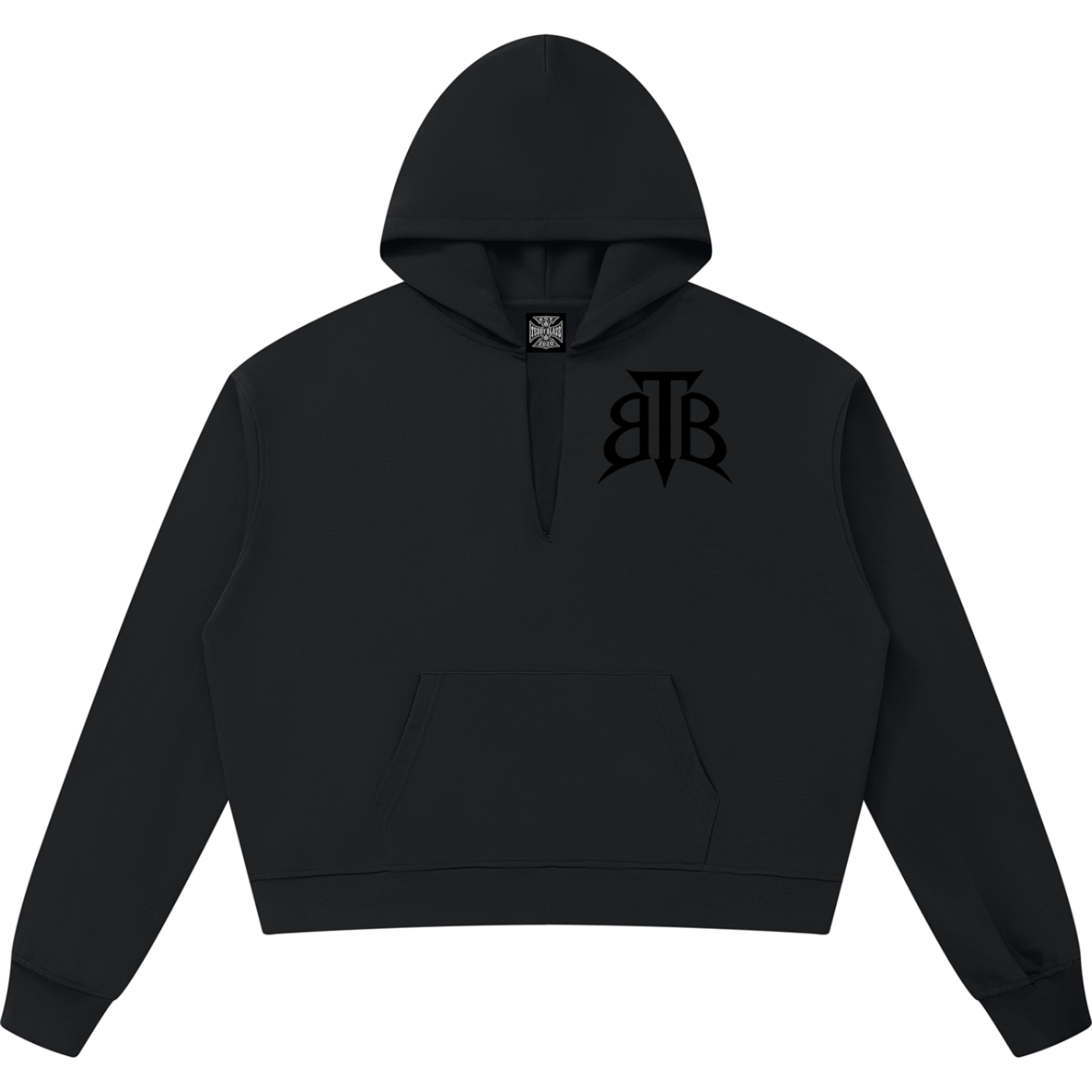 Shop the Signature Cachet Boxy Raw Edge V-Neck Hooded Jumper by Teddy Blaze. 360 GSM black heavy fleece hoodie with slit V-neck and Cachet emblem from The Mature Mocha Collection.