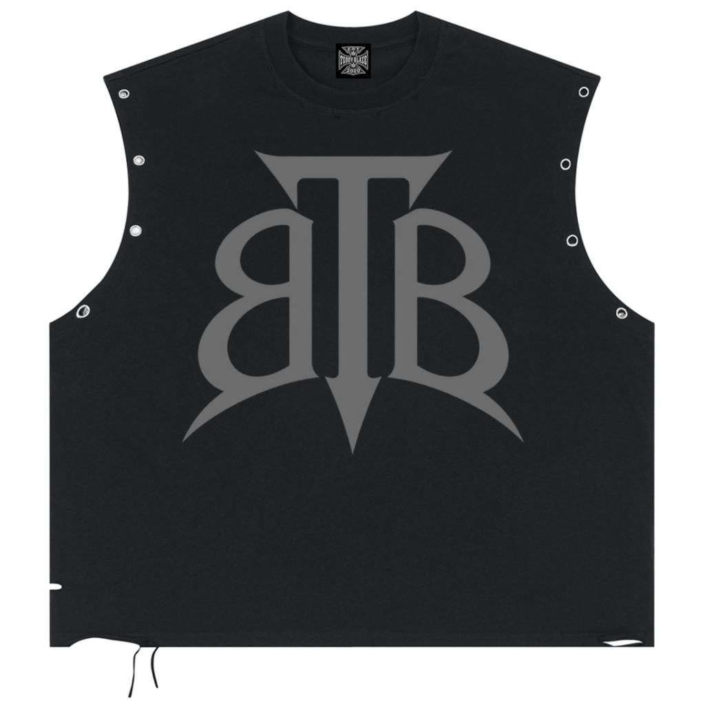 Shop the Signature Cachet Distressed Cotton Grommet Eyelet Tank by Teddy Blaze. 270 GSM black cotton muscle tank with silver eyelets and Cachet emblem from The Mature Mocha Collection.