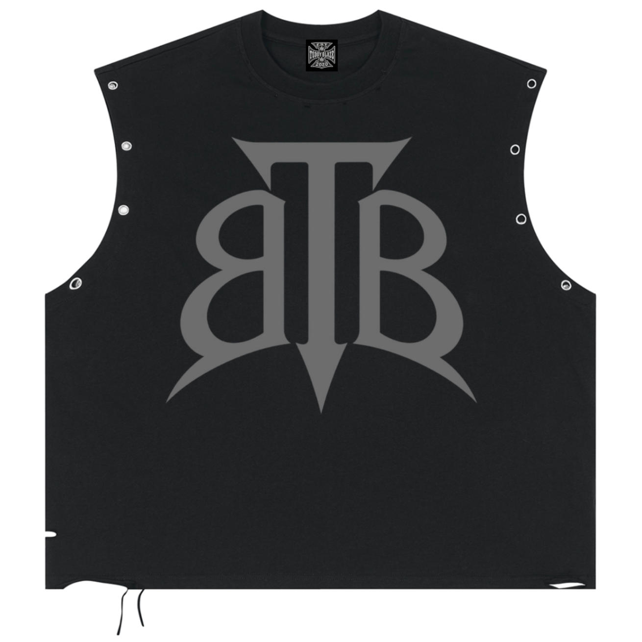 Shop the Signature Cachet Distressed Cotton Grommet Eyelet Tank by Teddy Blaze. 270 GSM black cotton muscle tank with silver eyelets and Cachet emblem from The Mature Mocha Collection.