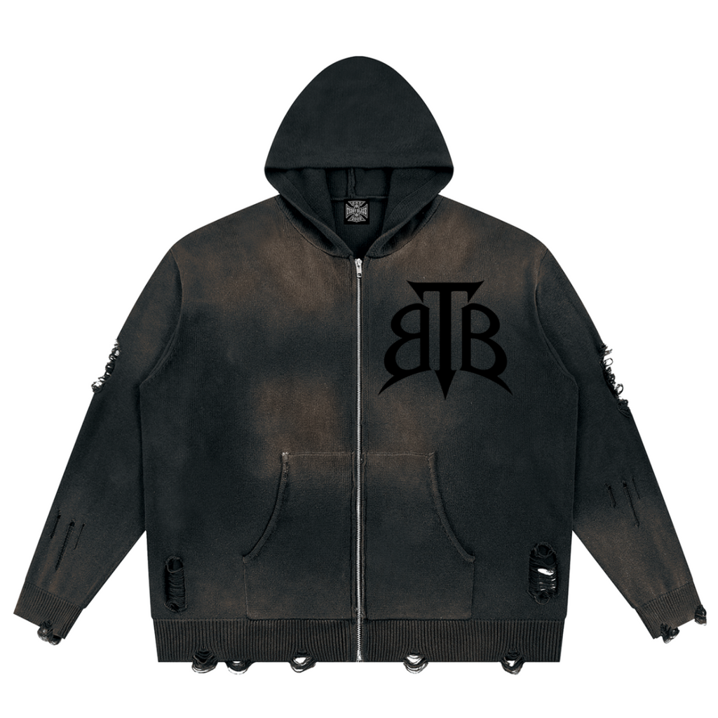 Shop the Signature Cachet Heavyweight Distressed Cotton Zip Up Hoodie by Teddy Blaze. 760 GSM destroyed washed black cotton zip hoodie featuring the Cachet emblem from The Mature Mocha Collection.